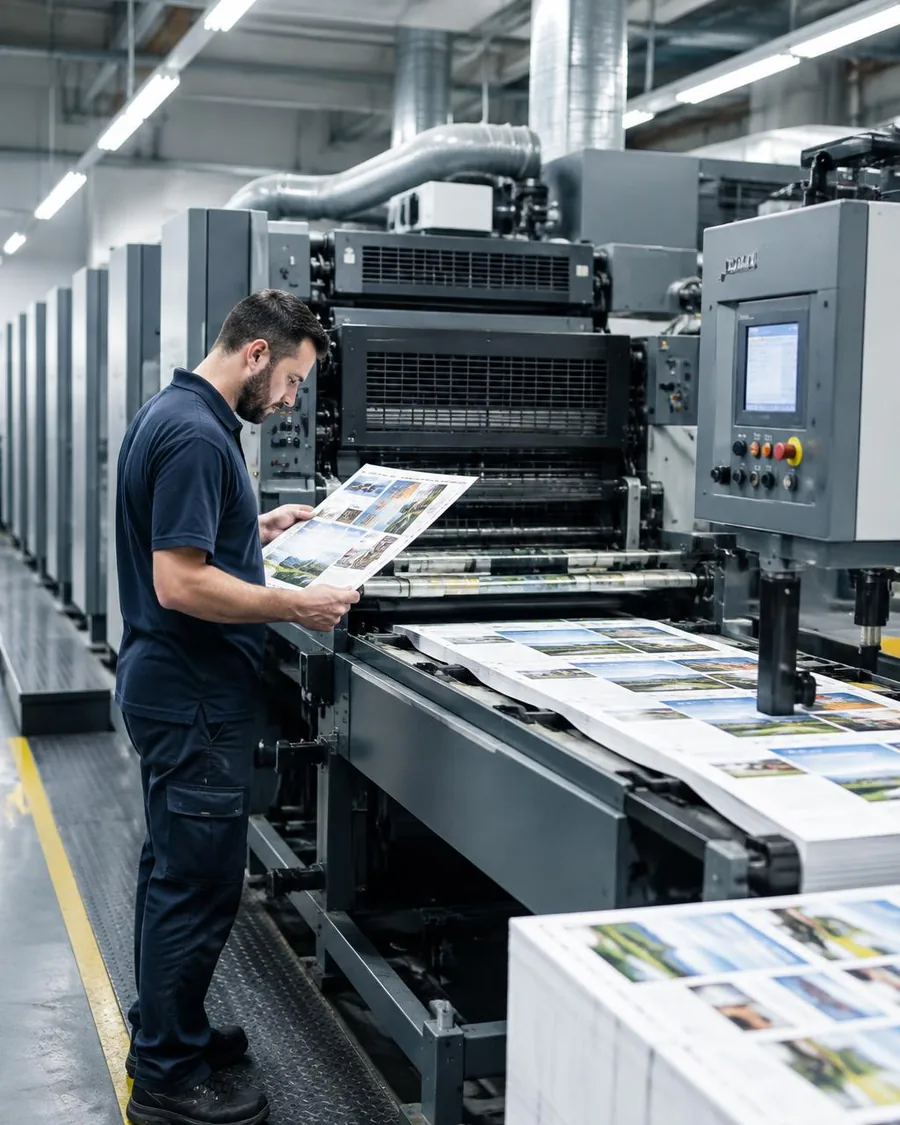 Drucker prüft einen Bogen an der Druckmaschine