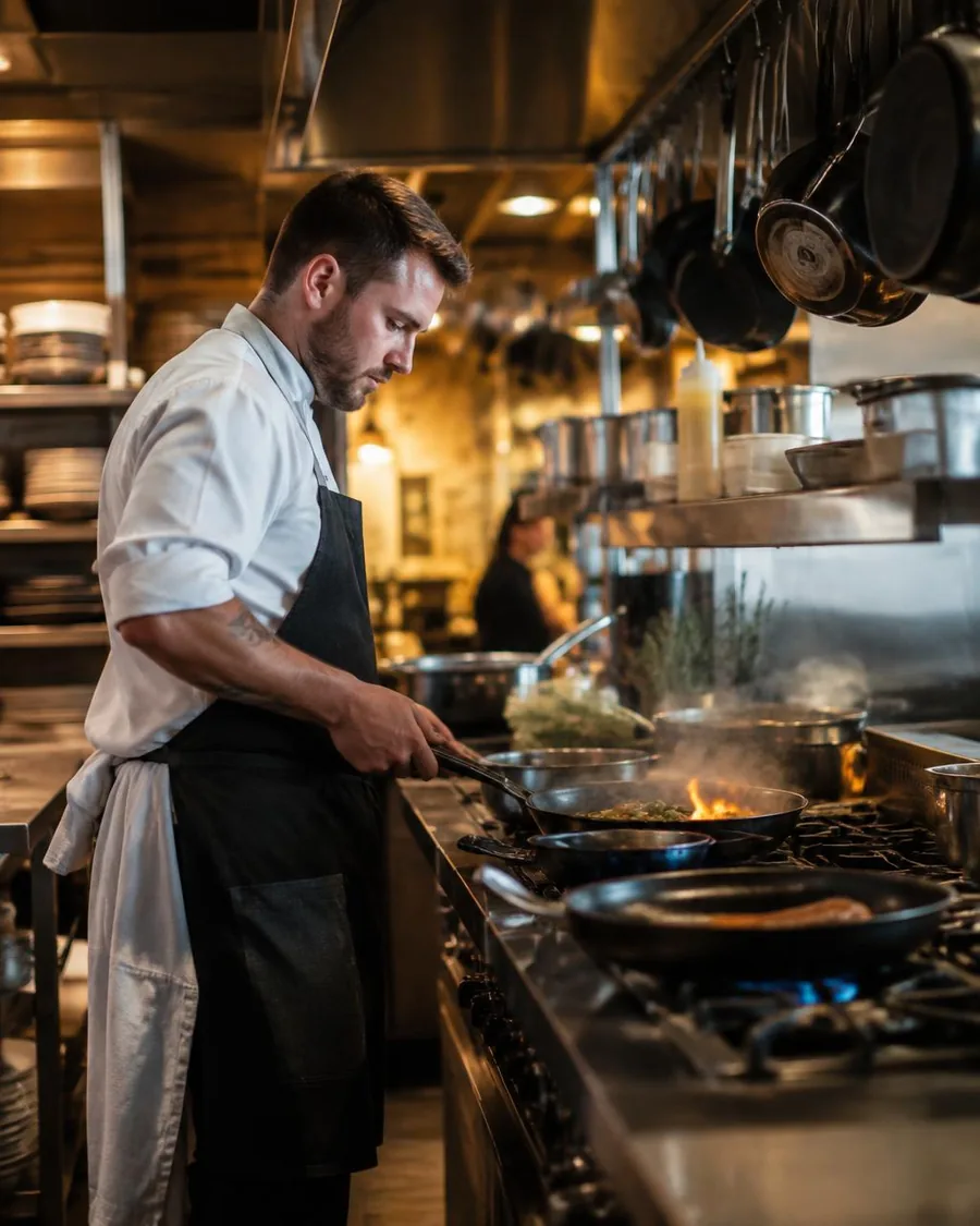Koch am Herd in einer Gastronomieküche