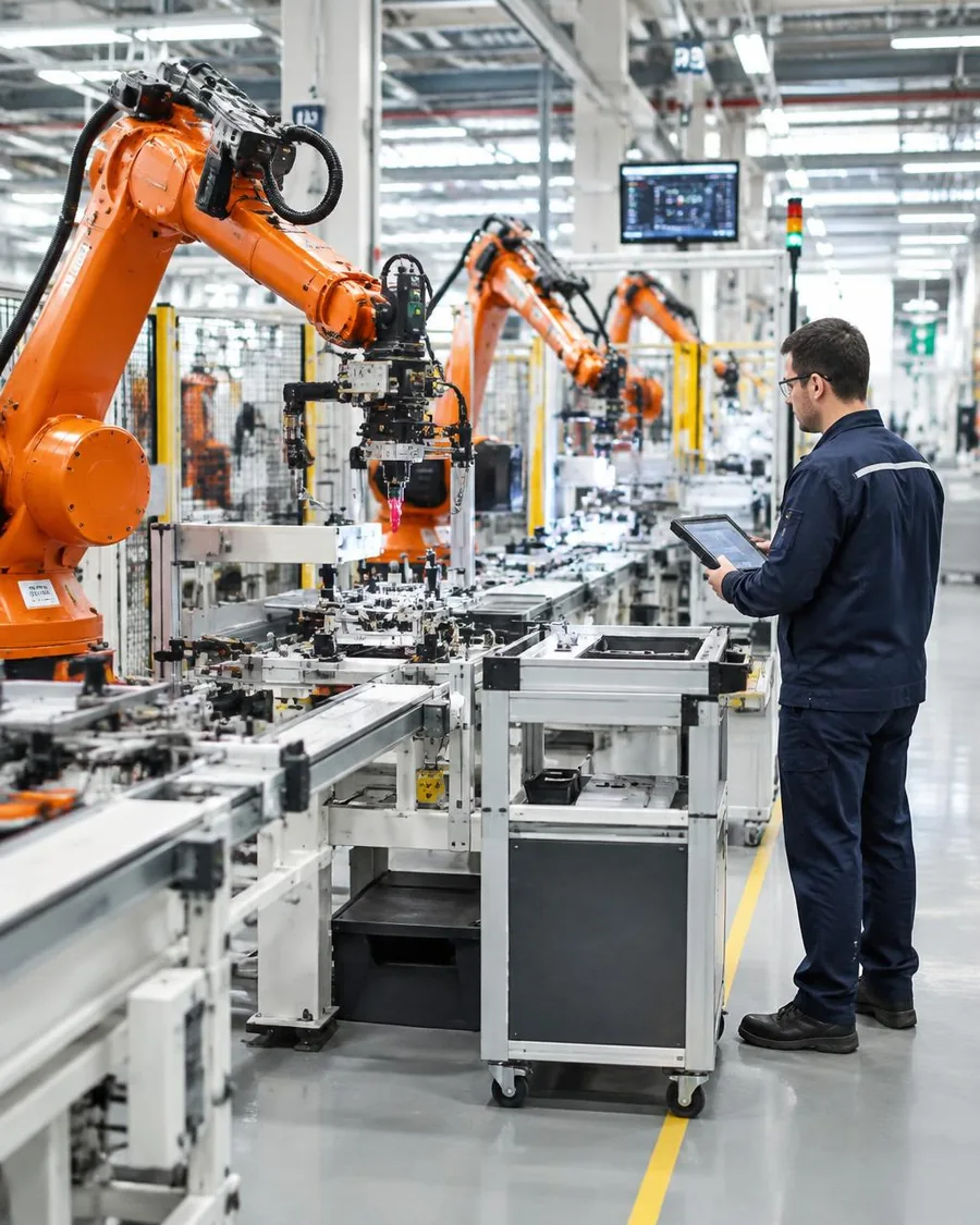 Fertigungslinie mit Robotern in einer Produktionshalle