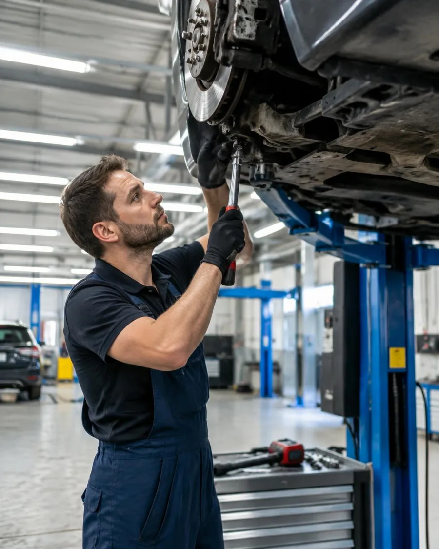 Mechaniker arbeitet an einem Fahrzeug auf der Hebebühne