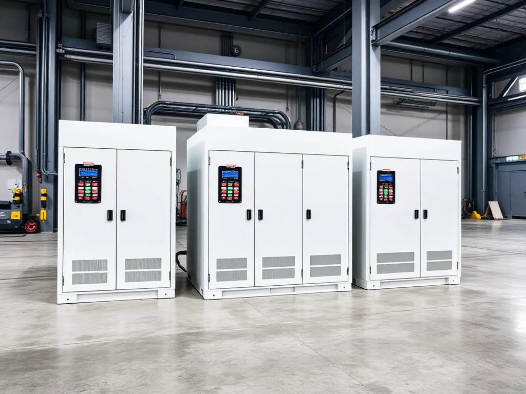 Industrielle Batteriespeicher-Schaltschränke in einer Lagerhalle