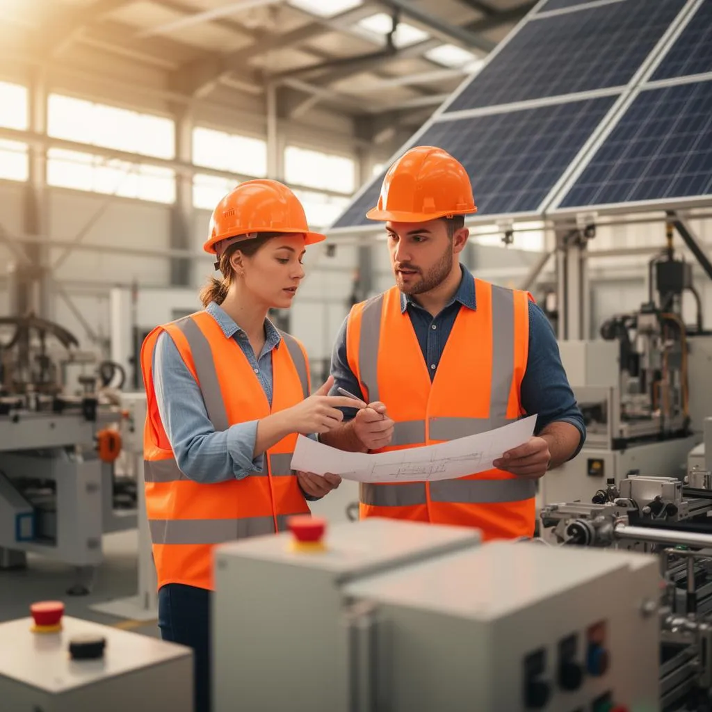 Zwei Fachkräfte in Warnschutzkleidung besprechen einen Plan vor einer Industrieanlage mit Photovoltaik-Modulen