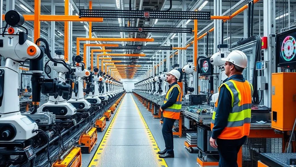 Zwei Mitarbeiter in Schutzkleidung überwachen eine automatisierte Fertigungslinie mit Industrierobotern